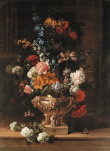 Parrot tulips, chrysanthemum, hydrangea, honeysuckle, borage, paeonies, Crown Imperial fritillaries and other flowers in a sculpted urn on a ledge, a column beyond; and A Canterbury bell, parrot tulips, lilac, ivy sprays, a paeony and other flowers in a sculpted urn on a ledge