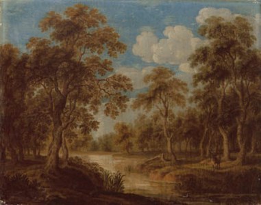 A wooded river landscape with a stag