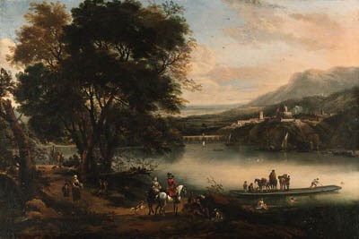 A river landscape with an elegant couple on horseback by a ferry, a fortress and town beyond