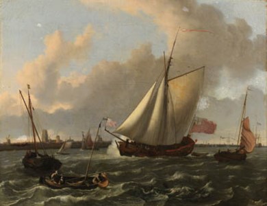 A British sloop and other shipping in a stiff breeze on the Maas by Dordrecht