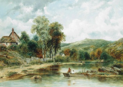 Wooded landscape with figures in a boat, cottages beyond
