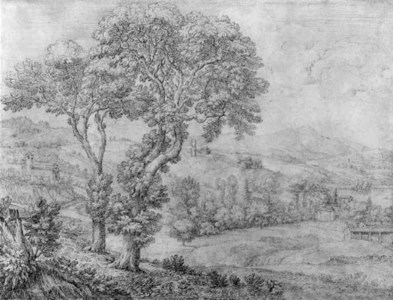An extensive wooded landscape with a church and a lake in the distance