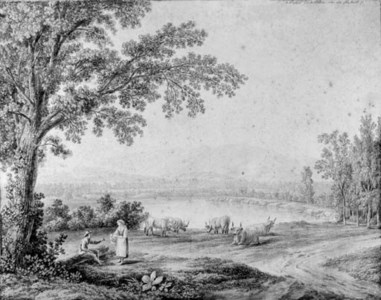 A view of the lake at Persano, near Paestum, with shepherds and cattle in the foreground; and A view of Lake Agnano
