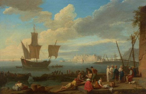 The waterfront at Naples with fishermen and merchants in the foreground and Castel dell'Ovo beyond