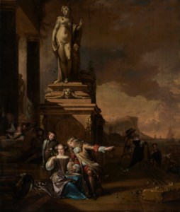 A young gentleman courting an elegant lady beneath a statue of Venus on a quay, with figures merrymaking and boarding a ferry beyond