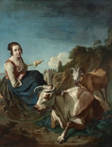 A shepherdess with a cow and a sheep in a rocky landscape