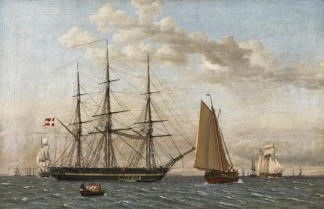 Udsigt mod syd fra Helsingørs Rhed, med en dansk Korvet til ankers samt nogle andre mindre skibe dels under sejl og dels til ankers (View to the South from the Road of Elsinore with a Danish Corvette at Anchor and Smaller Ships, Some Under Sail and Some at Anchor)