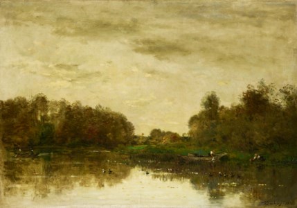 Barques et canards au bord de la rivière