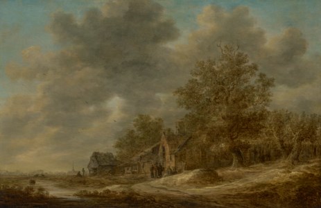 Landscape with figures by a barn