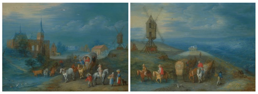 A caravan passing a windmill, a city beyond; and A caravan passing through town
