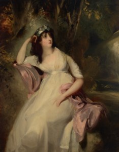 Portrait of Sarah Martha (Sally) Siddons (1775-1803), daughter of the actress, Sarah Siddons, three-quarter-length, in a white dress with a pink shawl, seated by a pond in a wooded landscape