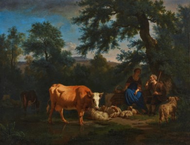 A wooded river landscape with cattle watering and a shepherd and shepherdess resting with their flock beneath a tree