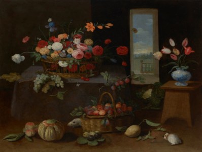 An interior with a basket of roses, lilies and other flowers on a table and a porcelain vase of tulips on a stool, with a basket of grapes, cherries, peaches, figs, plums, and a cauliflower, melon, other fruit, and guinea pigs on the floor