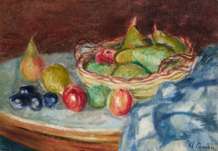 Le panier de poires sur la table ronde