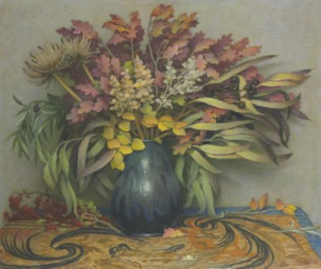 Still Life with Autumn Leaves, Chinese Vase and Embroidery
