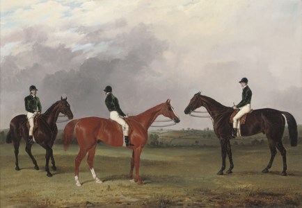 A chestnut and two bay racehorses belonging to John Bowes with jockeys up