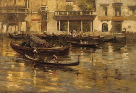Gondoliers and elegant figures in front of the Hotel Milan, Venice