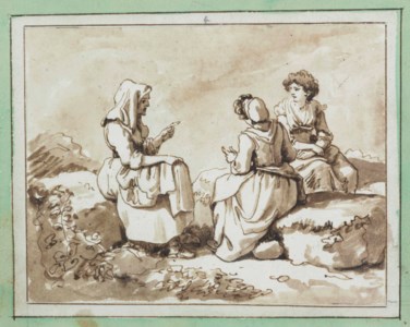 Three peasant women seated in conversation in a rocky landscape
