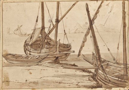 Fishing vessels and a rowing boat moored to a bank, sailing vessels in a bay beyond