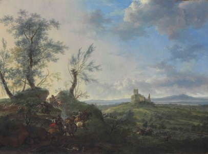 An extensive landscape with a cavalry skirmish, a ruined castle on a hilltop beyond