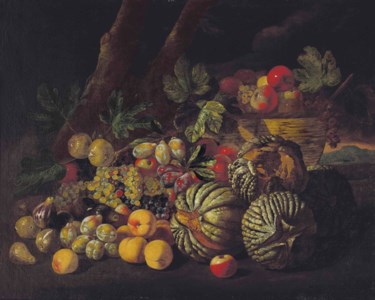 Melons, grapes, peaches, figs and other fruit in a wooded landscape