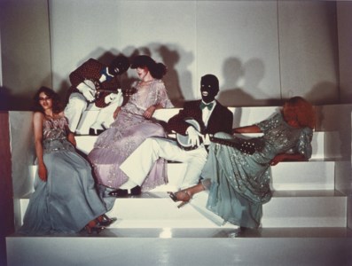 Fashion study (Minstrels and models), French Vogue , c. 1975