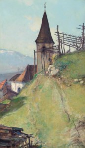 Picking berries by a mountain church