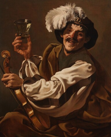 Jovial Violinist Holding a Glass of Wine