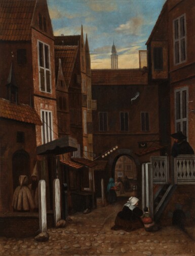 Jacobus Vrel, Street Scene with a Market through an Archway in the Distance 