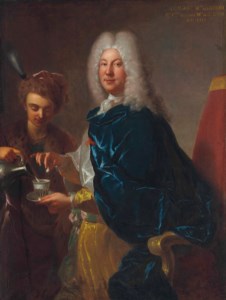 Portrait of Le Blanc, Minister of War, three-quarter-length, being served chocolate by a young male servant