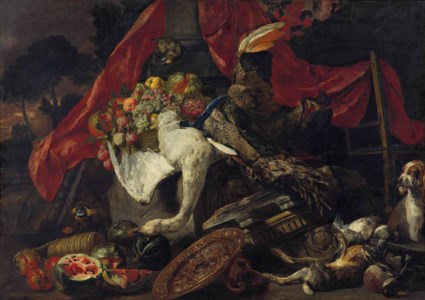 A swan, rabbit and other game with a parrot, dogs, fruit and metalwork in a classical landscape