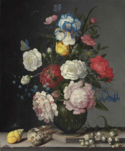 Roses, anemone, iris, hyacinth, lily of the valley, and forget-me-nots, with insects, shells and a lizard on a stone ledge