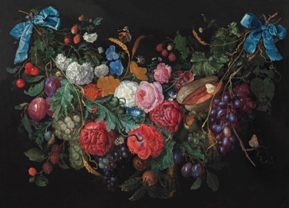 A garland of flowers and fruit with a snail and butterflies
