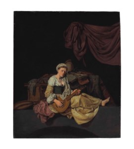 Woman with a cittern before a table with books and other musical instruments