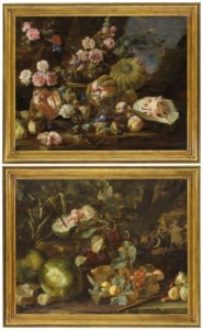 Melons, peaches and roses in a landscape; and Melons, and other fruit in a landscape, figures on horseback beyond