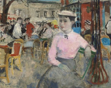 Eugénie aux gants et chapeau de paille blancs, assise Place du Tertre Montmartre