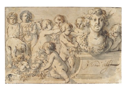 Putti decorating a portrait bust on a plinth with garland