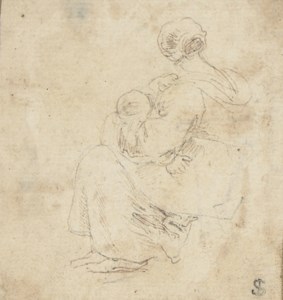 A group of drawings, mostly of figures, including one of a woman seated, holding an infant