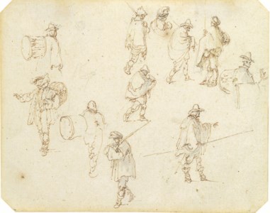 Studies of drummers, peasants and soldiers with swords and lances