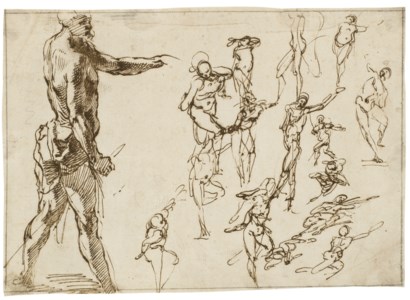 A standing man in profile holding a spear, with smaller, rapidly studied nude figures to the right