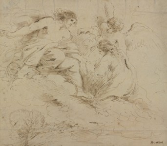 A kneeling woman supported by an angel with the Risen Christ, after Guercino