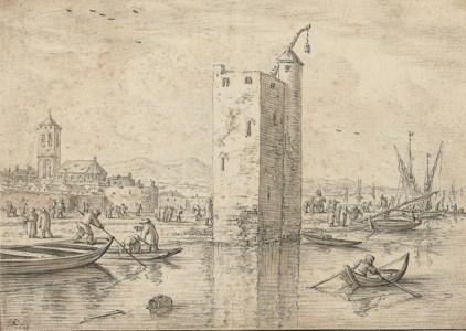 A bustling canal scene with a town to the left and a large tower, men in boats in the foreground