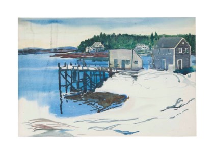 Houses along the inlet on snow-covered ground
