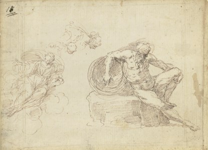 A male nude, seated, leaning back on an urn, with subsidiary studies of a woman on a cloud, and studies of a woman's and a child's head; and A seated man with a dog and a subsidiary study of a male head drawn on the back of a letter, by the same hand