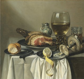 Still life with ham, lemon, a roll, a glass of wine, and others on a table