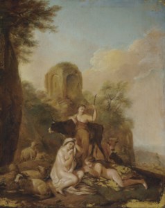Shepherdesses and their flocks in a classical landscape