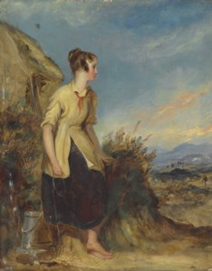 A young woman resting by a well