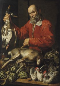 The Gamedealer: A bearded man in a red coat holding a pair of mallard ducks in one hand by a basket with a hare, artichokes, a flagon and a cabbage