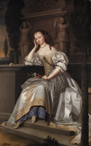 Portrait of Elizabeth, Countess of Westmorland, full-length, seated in a white satin dress with gold and silver brocade, with a sprig of flowers in her left hand, her right arm resting on a stone plinth with the carved figures of Ceres and Proserpine