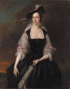 Portrait of Lady Frances Courtenay (d.1761), daughter of Heneage Finch, 2nd Earl of Aylesford, three-quarter-length, in black and white van Dyck costume with pink bows, in a landscape